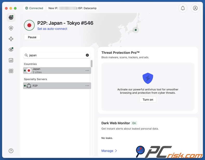 NordVPN verbonden met Japan