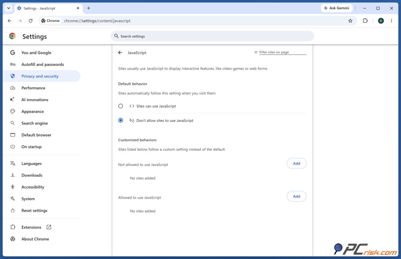 Chrome JavaScript-instellingen
