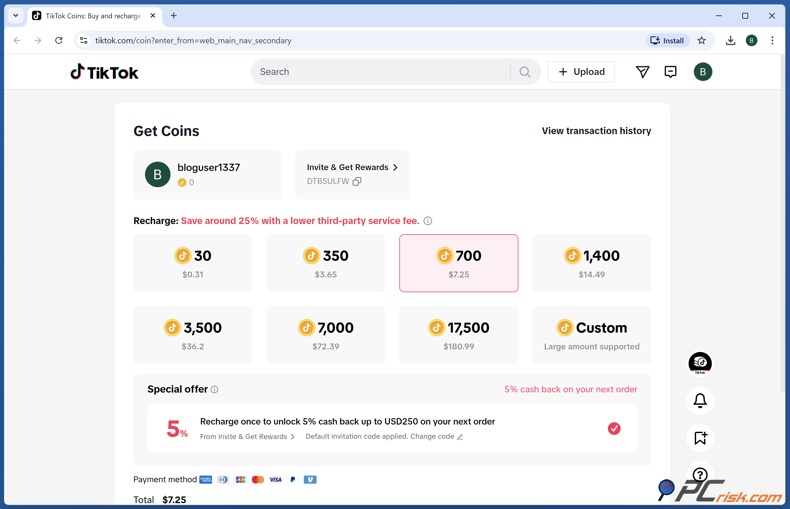 TikTok Coin navulling