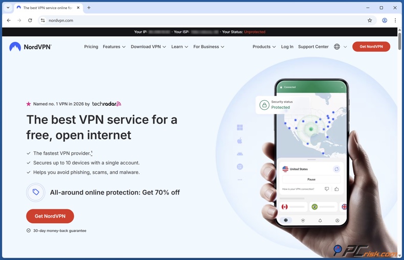 De homepage van NordVPN