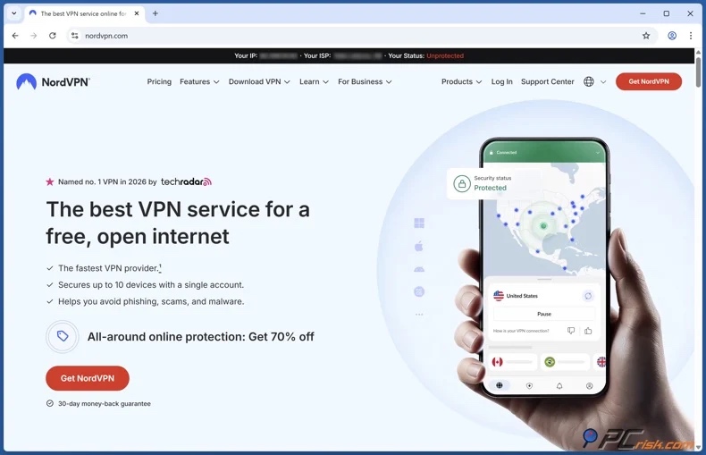 Startpagina van NordVPN