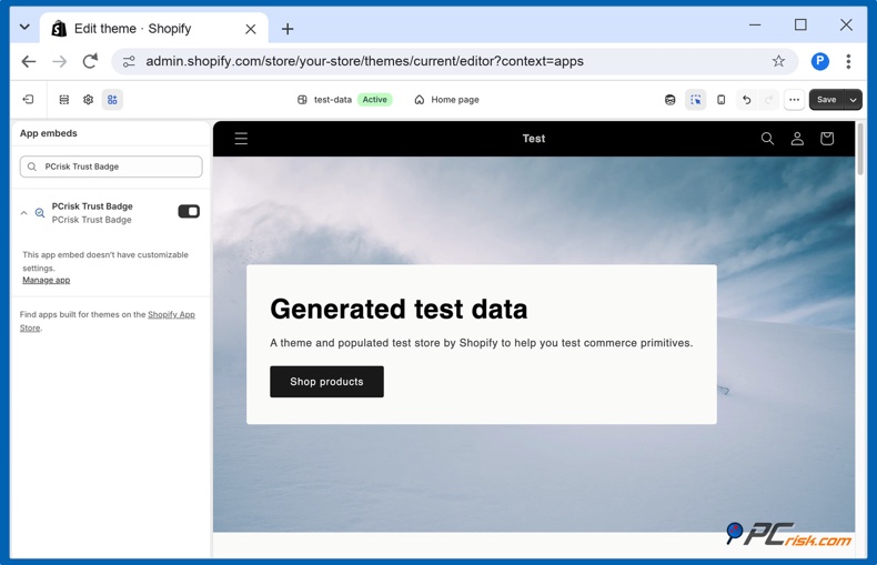 App-insluiting in de Shopify-thema-editor