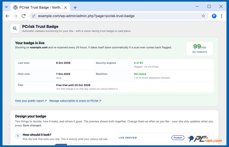 Scanresultaten PCrisk trustbadge