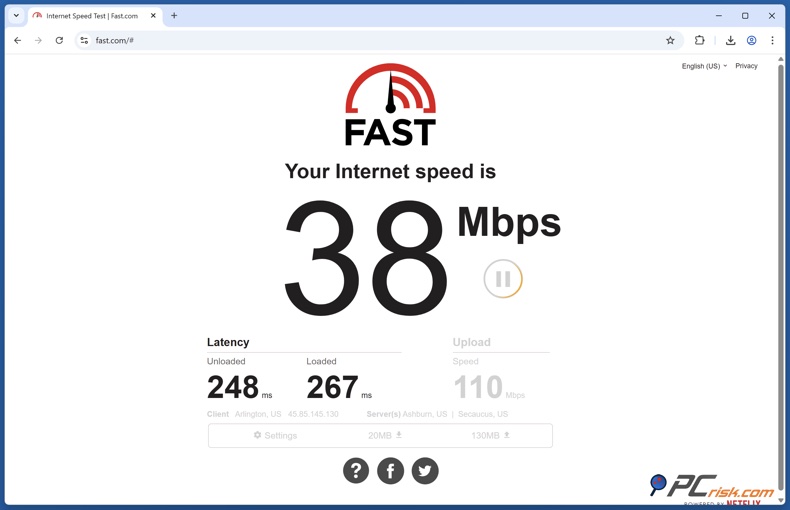 Controleer VPN-locatie op fast.com