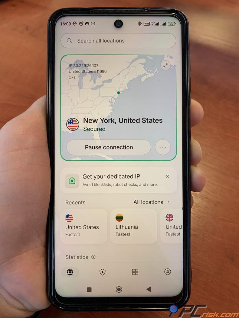 NordVPN verbonden met een server in de Verenigde Staten