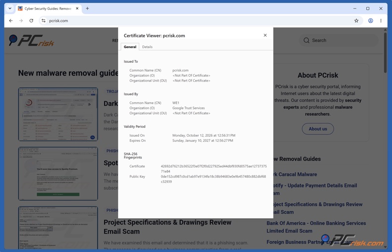 Details van het SSL-certificaat in Chrome