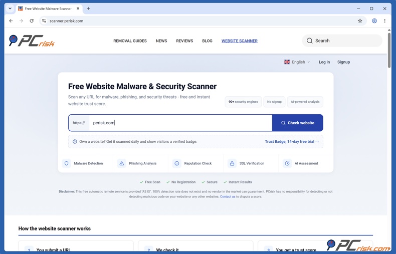 Startpagina van de PCrisk Website Scanner