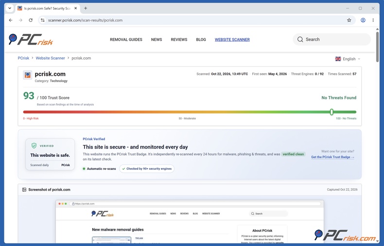 Scanresultaten van de PCrisk Website Scanner