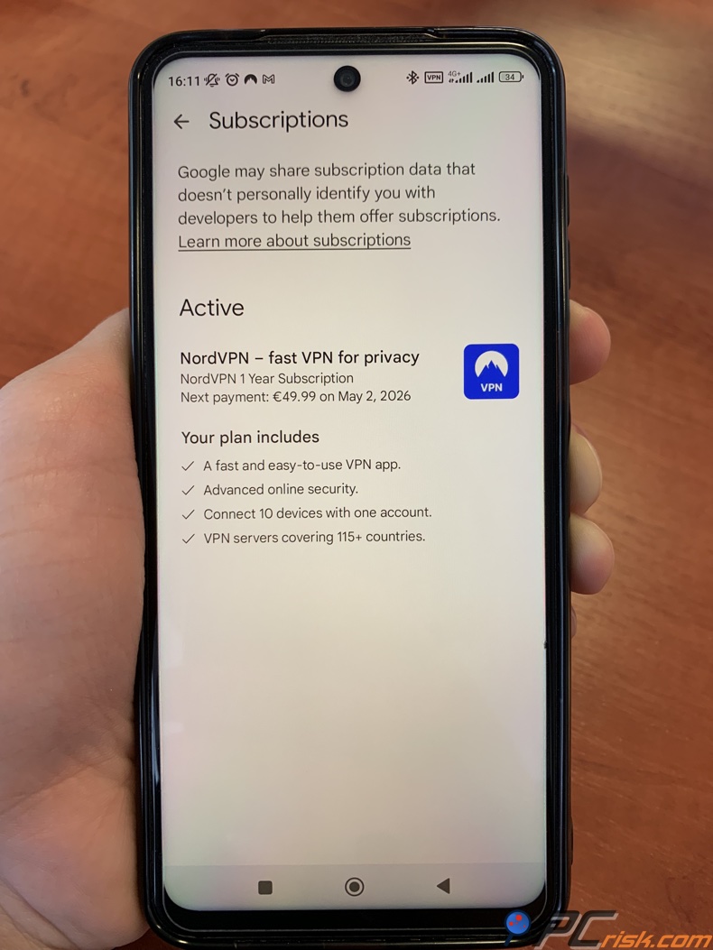 NordVPN-abonnementsinformatie in Google Play Store