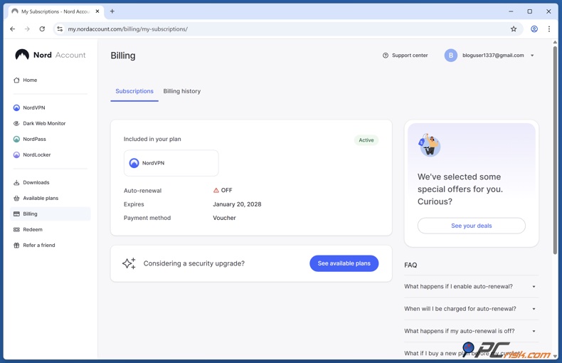 NordVPN Dashboard factureringssectie
