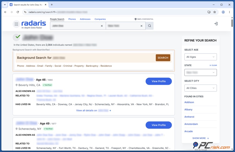 Radaris profiel-zoekresultaten