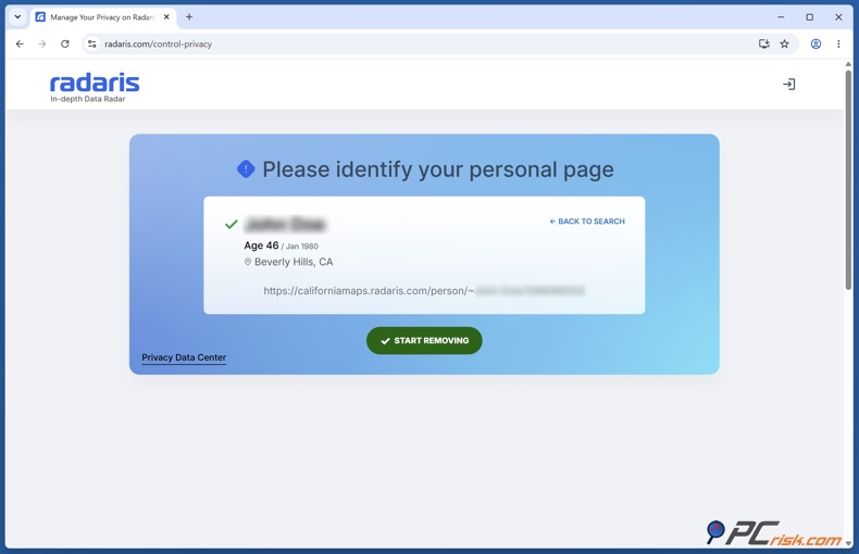 Radaris persoonlijke pagina-identificatie