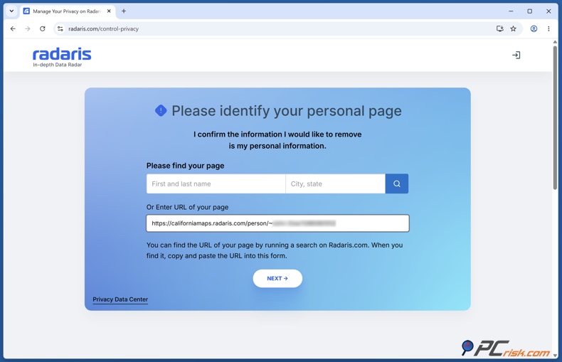 Radaris persoonlijke pagina-URL