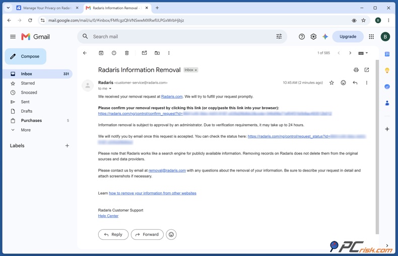 Radaris verificatie-e-mail