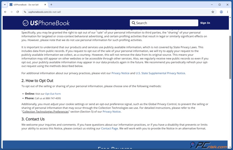 USPhoneBook afmeldingsformulier