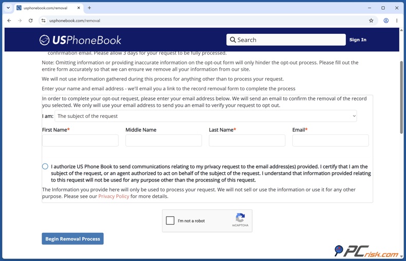 USPhoneBook gedeeltelijk formulier