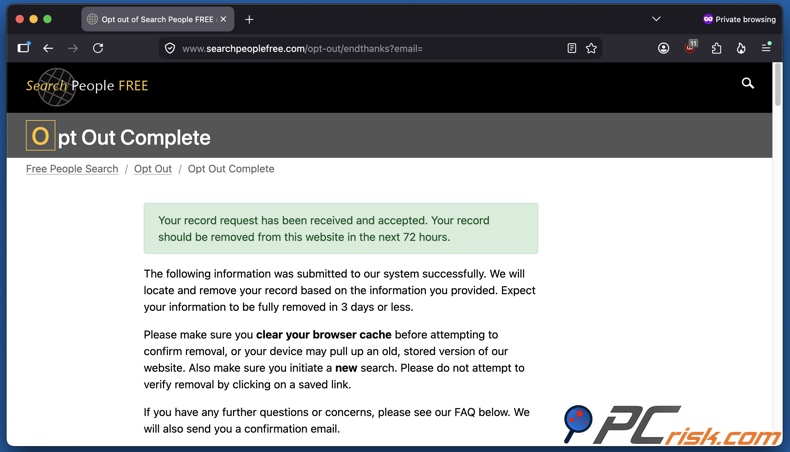 SearchPeopleFREE-afmeldverzoek geaccepteerd