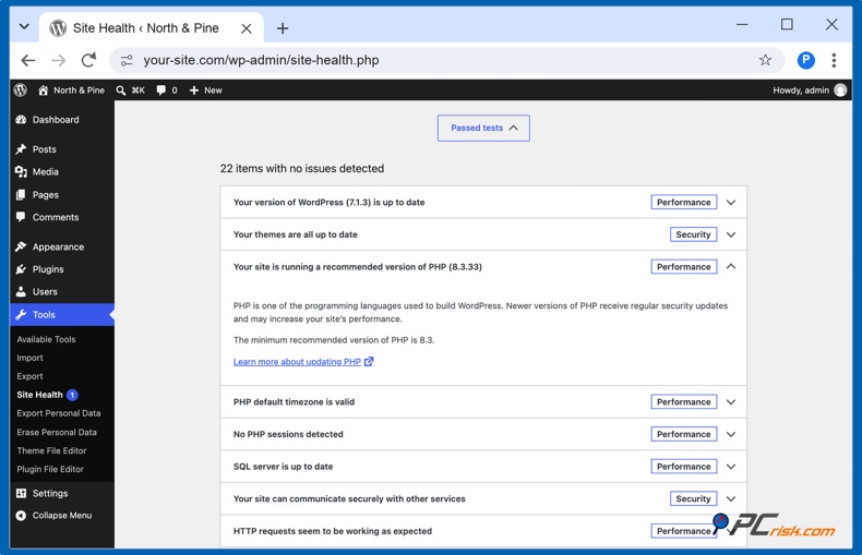 Aanbevolen PHP in WordPress site gezondheid