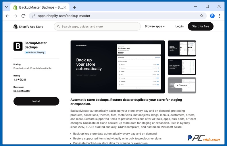Back-upapp in de Shopify App Store