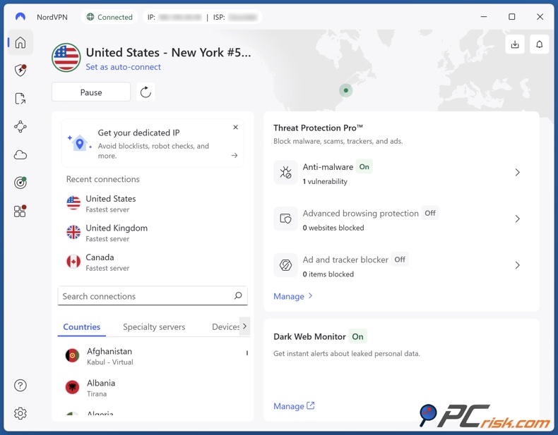 NordVPN is verbonden met een server in de VS