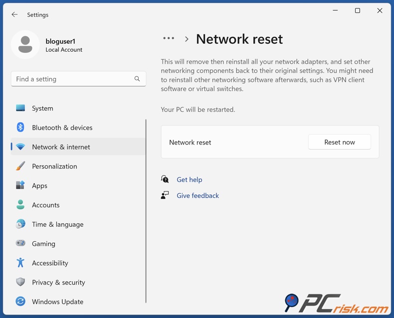 Reset network settings on Windows 11