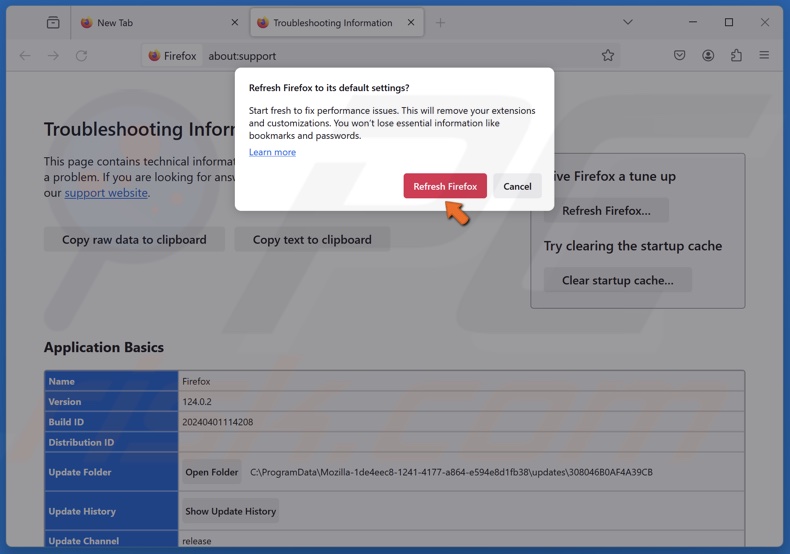 Klik op Firefox vernieuwen in het bevestigingsvenster