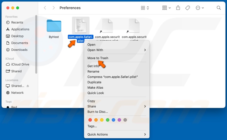 Klik met de rechtermuisknop op com.apple.Safari.plist en klik op Verplaats naar prullenbak