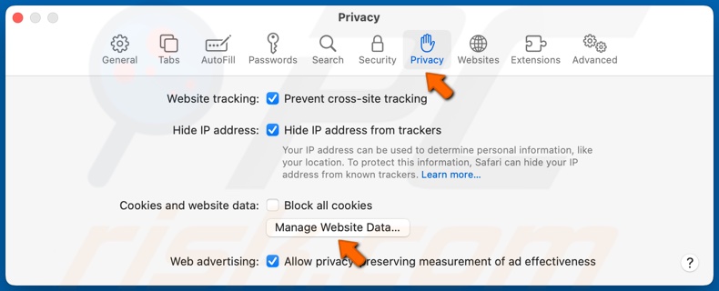 Selecteer het tabblad Privacy en klik op Websitegegevens beheren
