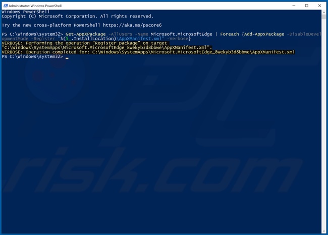 Voer het commando in in Windows Powershell en druk op Enter om het uit te voeren