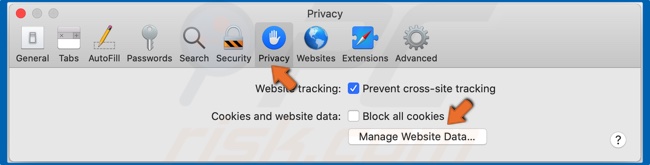 Selecteer Privacy en klik op Websitegegevens beheren