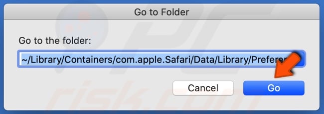 Open het Ga naar map-venster en typ het locatiepad com.apple.Safari.plist