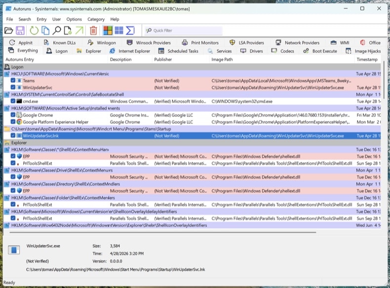Autoruns 14.x met Hide Microsoft Entries ingeschakeld, met de tabbladen Logon en Scheduled Tasks