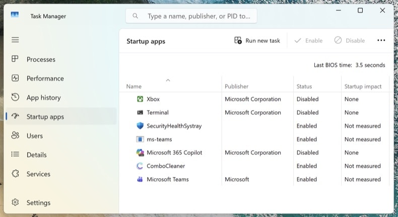 Controleren of de malware is verwijderd op het tabblad Opstart-apps van Taakbeheer in Windows 11