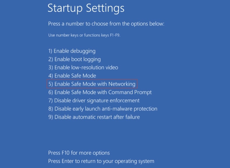 Windows 10 starten in veilige modus met netwerkmogelijkheden - druk op F5 in het scherm Opstartinstellingen