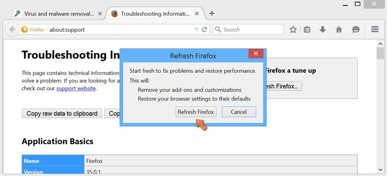 Herstel de Mozilla Firefox instellingen naar Standaard - bevestig het herstel dor op de 'Herstellen'-knop te klikken