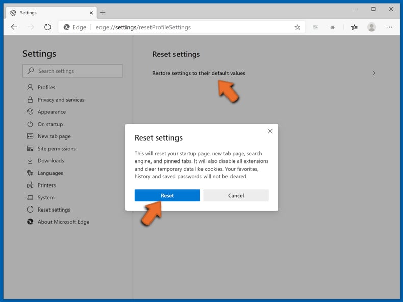 Microsoft Edge (Chromium) reset stap 3