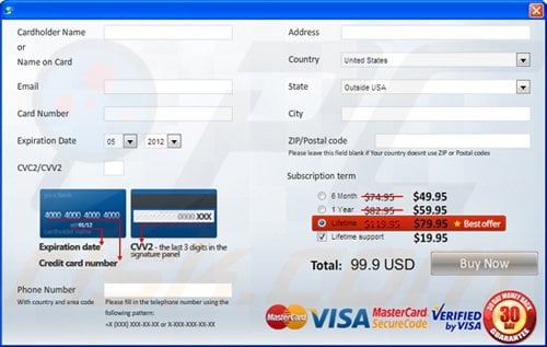 Voorbeeld van een webpagina die gebruikt wordt om betalingen te verrichten voor valse antivirus programma's