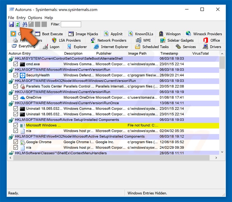 klik bovenaan op 'Options' en vink 'Hide Empty Locations' en 'Hide Windows Entries' uit