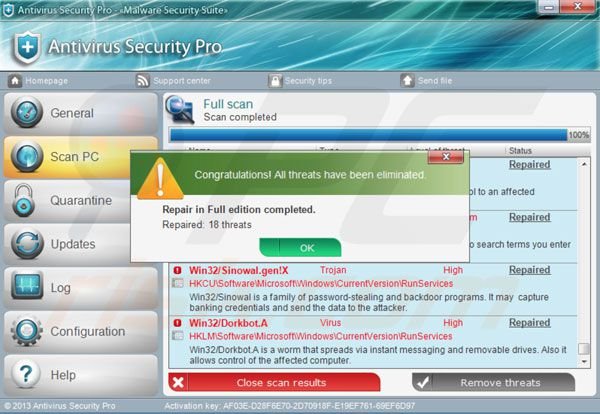 Antivirus Security Pro na het invoeren van de activatiecode