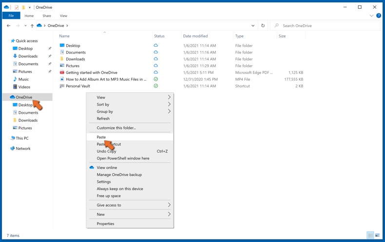 Plak het gekopieerde bestand in de OneDrive-map om een backup te maken