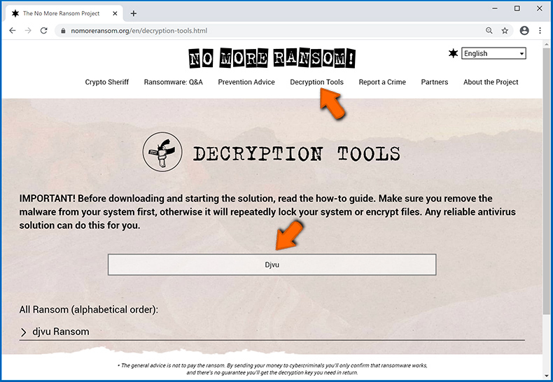 Ransomware-decryptors zoeken via de nomoreransom.org website