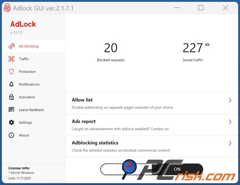 AdLock desktop dashboard