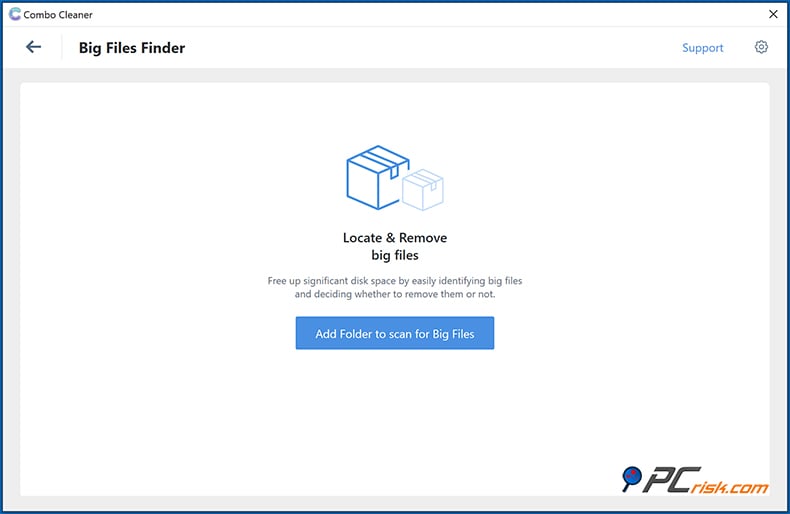 Combo Cleaner functie voor het zoeken naar grote bestanden in Windows