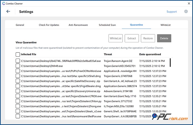 Combo Cleaner quarantaine window