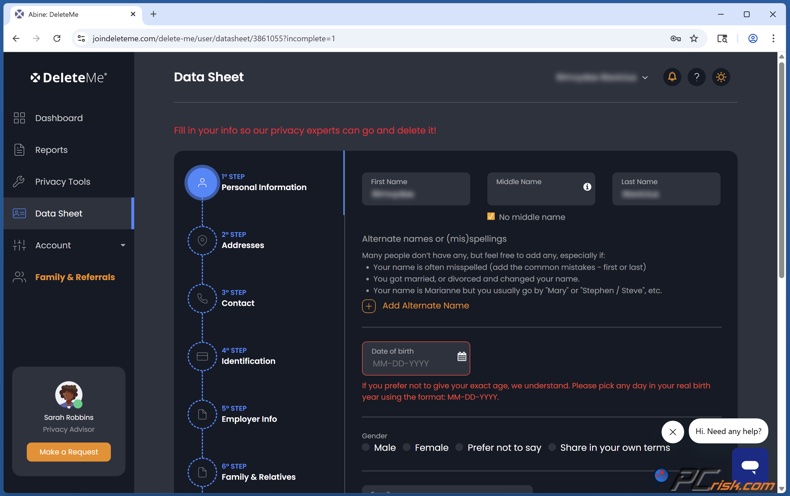 DeleteMe Instellingen gegevensblad