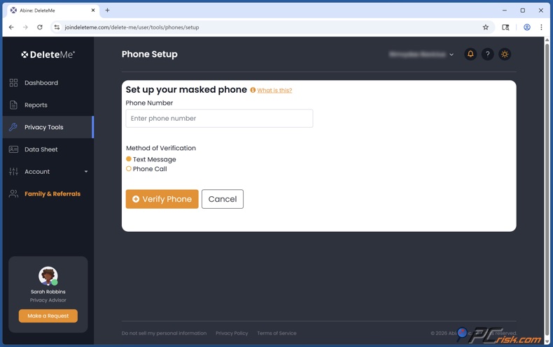DeleteMe Telefoon maskeren