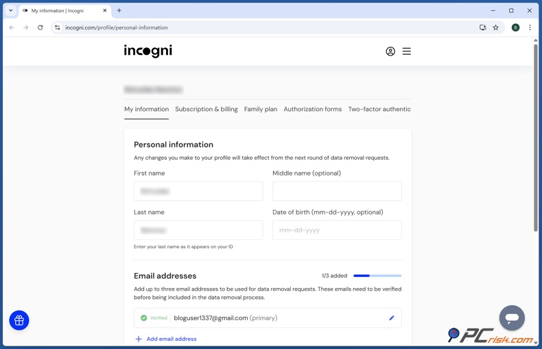 Incogni Persoonlijke gegevens