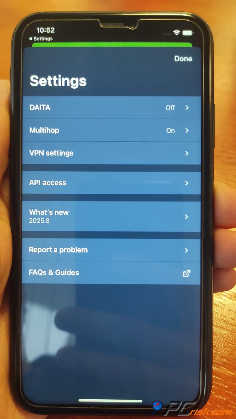 Mullivad voor iOS Instellingenmenu