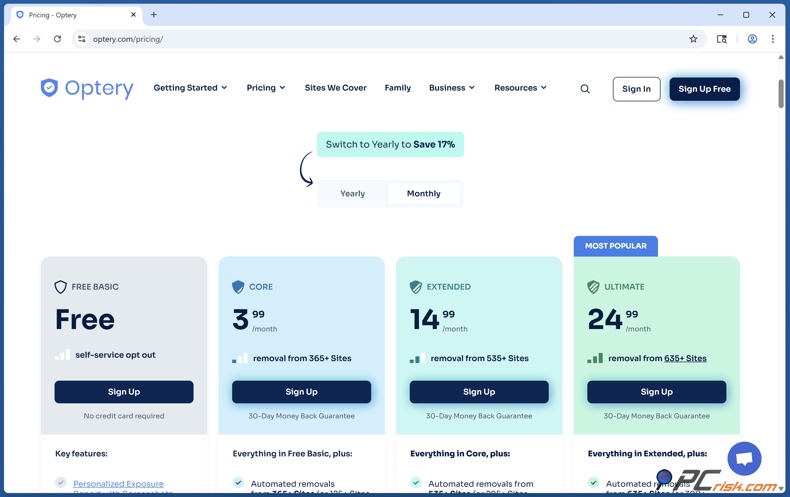 Optery Maandelijkse prijzen
