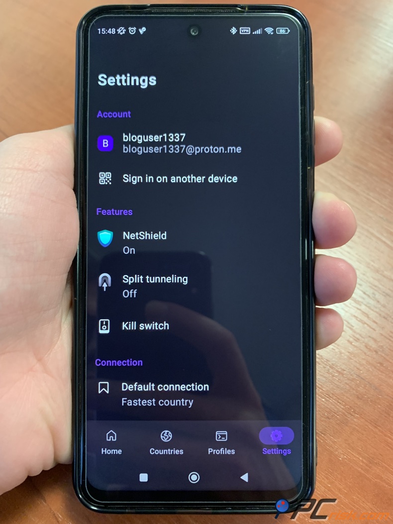 Proton VPN app voor Android-instellingenmenu